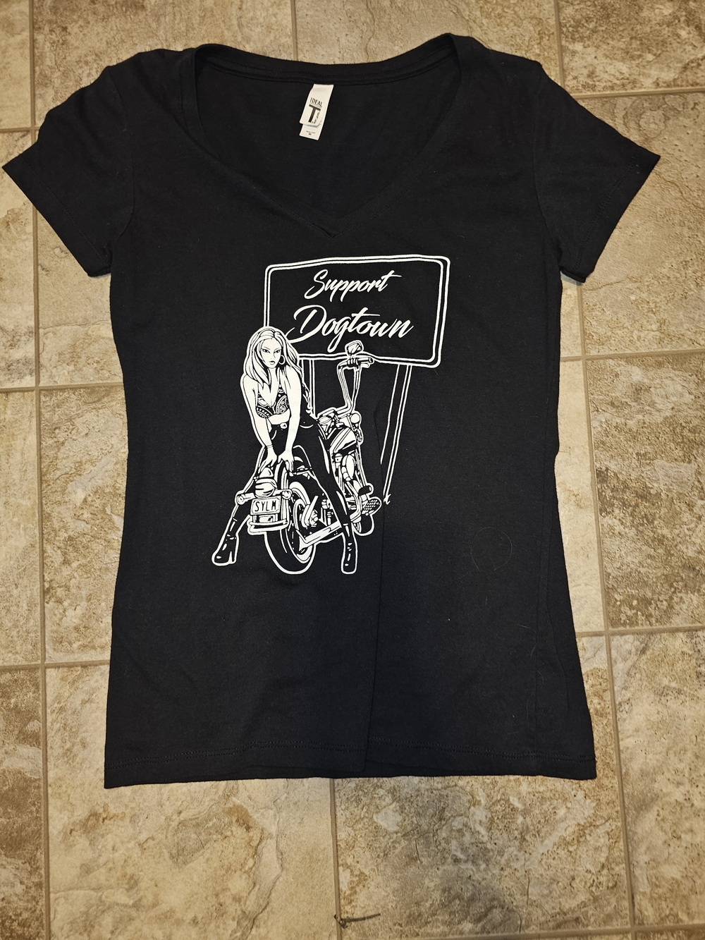 SYLM Mongols Support Dogtown Women's Black V-Neck Graphic Tee